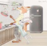  anthro apron barefoot bottomwear canid canine clothed clothing cooking dipstick_ears dipstick_tail disney duo food fox fridge fully_clothed green_eyes hb_runo holding_object hug hugging_from_behind inner_ear_fluff inside judy_hopps kitchen lagomorph leporid mammal multicolored_ears multicolored_tail nick_wilde open_mouth open_smile pants plant purple_eyes rabbit red_fox scut_tail shelf shirt smile standing topwear tuft vegetable zootopia 