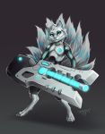  2019 9_tails absurd_res ambiguous_gender anthro armor barefoot canid canine cannon clothed clothing cybernetics cyberpunk digital_media_(artwork) etis fox fur hi_res holding_object holding_weapon looking_at_viewer machine mammal markings multi_tail ninora ranged_weapon simple_background smile solo standing weapon white_body white_fur 