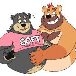  1:1 2019 anthro belly black_bear black_body black_fur blush clothing duo fur hashburrowns hi_res humanoid_hands male male/male mammal overweight overweight_male shirt simple_background text topwear ursid ursine white_background 