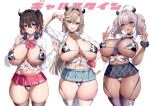  3girls ahoge amesuku_gyaru animal_print bell between_breasts bikini bikini_under_clothes black_choker black_hair black_skirt blue_eyes blue_skirt blush bow bowtie bra bracelet breasts brown_hair cameltoe choker cleavage collarbone collared_shirt colored_inner_hair commentary_request covered_nipples cow_horns cow_print cow_print_bikini cowbell dark-skinned_female dark_skin double_v fake_horns fingernails garter_straps green_eyes grey_hair gyaru hair_intakes hairband hand_on_own_hip headphones headphones_around_neck highleg highleg_bikini highleg_panties horns jewelry kogal large_breasts long_fingernails long_hair looking_at_viewer mataro_(matarou) miniskirt mole mole_under_eye multicolored_hair multiple_girls nail_polish navel neck_bell necklace necktie necktie_between_breasts open_clothes open_mouth open_shirt original panties panty_straps partially_unbuttoned pink_bow pink_bowtie pink_hair pink_skirt plaid_bow plaid_bowtie plaid_clothes plaid_skirt pleated_skirt print_bikini print_bra print_panties purple_thighhighs revealing_clothes scrunchie shiny_skin shirt skindentation skirt sleeves_rolled_up smile solo_focus standing swimsuit thighhighs thong tied_shirt twintails unbuttoned unbuttoned_shirt underwear v watermark white_shirt white_thighhighs wrist_scrunchie 