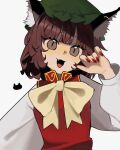  1girl 950magi618 animal_ear_fluff animal_ear_piercing animal_ears bow bowtie breasts brown_eyes brown_hair cat_ears chen commentary earrings green_hat grey_background hat highres hoop_earrings jewelry long_sleeves medium_hair mob_cap red_nails red_vest shirt simple_background single_earring slit_pupils small_breasts solo touhou vest white_shirt yellow_bow yellow_bowtie 