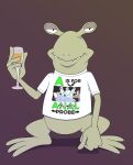 2023 3_toes alcohol alien anthro anti_dev beverage bottomless closed_smile clothed clothing digital_drawing_(artwork) digital_media_(artwork) english_text eyestalks feet green_body half-closed_eyes hi_res holding_glass holding_object looking_at_viewer male mouth_closed narrowed_eyes pleembo_(anti_dev) print_clothing print_shirt print_t-shirt print_topwear shirt shirt_only simple_background smile solo t-shirt t-shirt_only text toes topwear topwear_only white_clothing white_shirt white_t-shirt white_topwear