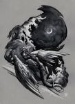  2019 ambiguous_gender dragon feathered_dragon feathered_wings feathers feral fur furred_dragon greyscale hi_res monochrome moon night outside sky solo tealavokado traditional_media_(artwork) wings 