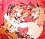 0ct0m0n0 anthro blood bodily_fluids brown_nose canid canine duo equid equine eyes_closed fangs fur gloves_(marking) gore hair happy hi_res holding_knife holding_object horn knife male male_anthro mammal markings motion_lines mythological_creature mythological_equine mythology nude open_mouth open_smile orange_body orange_fur pink_hair pink_tongue red_eyes smile spots spotted_arms spotted_markings spotted_tail tail tail_markings tan_hair teeth tongue unicorn white_body white_fur wounded yellow_body yellow_fur