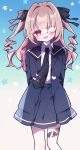  1124_mo 1girl :3 arms_behind_back black_ribbon blazer blue_background blue_jacket blue_necktie blue_sailor_collar blue_skirt blush collared_shirt colored_inner_hair drill_hair eyepatch feet_out_of_frame furrowed_brow gradient_background grey_hair hair_intakes hair_ribbon hashtag-only_commentary heart jacket lapels leg_tattoo long_hair long_sleeves looking_at_viewer makaino_ririmu medical_eyepatch miniskirt monitoring_(vocaloid) multicolored_hair necktie nijisanji notched_lapels official_alternate_costume official_alternate_hairstyle open_clothes open_jacket open_mouth pink_hair pink_streaks pleated_skirt pointy_ears red_eyes ribbon sailor_collar school_uniform shirt shirt_tucked_in sidelocks skirt smile solo standing star_(symbol) star_symbol_background streaked_hair tattoo tie_clip two-tone_hair two_side_up virtual_youtuber white_shirt winged_heart winged_heart_tattoo 