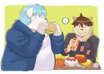 2019 anthro beverage blue_eyes blush burger canid canine canis clothing domestic_dog duo eating food hoodie humanoid_hands male mammal overweight overweight_male shirt simple_background sv_grart topwear 