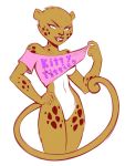  anthro bottomless breasts brown_body brown_fur cheetah cheetah_(dc) clothed clothing clothing_lift crop_top dc_comics english_text featureless_crotch felid feline female fur green_eyes grin hi_res jegc justice_league looking_at_viewer mammal midriff naughty_face no_underwear pinup pose shirt shirt_lift smile solo t-shirt text topwear under_boob 
