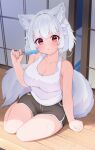 1girl alternate_costume animal_ear_fluff animal_ears black_shorts blush breasts cleavage collarbone commentary day dolphin_shorts food holding holding_food holding_popsicle inubashiri_momiji large_breasts looking_at_viewer on_floor popsicle red_eyes rururiaru short_hair shorts shouji sitting sliding_doors solo sweat tail tank_top touhou white_hair white_tank_top wolf_ears wolf_girl wolf_tail wooden_floor yokozuwari 