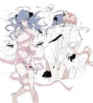  2girls ame_amean arknights arms_behind_back black_gloves blue_eyes blue_hair blush closed_mouth commentary fiammetta_(arknights) gloves halo head_wings highres horns hug long_hair long_sleeves lying mostima_(arknights) multiple_girls naked_ribbon navel on_back one_eye_closed pink_ribbon red_hair restrained ribbon simple_background tail untranslatable_commentary white_background wings yuri 