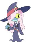  2019 4_fingers 5:7 alpha_channel amphibia_(series) amphibian anonymous_artist belt blue_body blue_skin clothing cosplay disney dress female fingers frog frown hair hair_over_eye hand_in_sleeve hat headgear headwear hi_res holding_object little_witch_academia long_hair maddie_flour magic_user pink_hair purple_clothing purple_dress purple_hat purple_headwear red_belt simple_background solo spots spotted_hair studio_trigger sucy_manbabaran sucy_manbavaran transparent_background witch witch_hat yellow_sclera young 