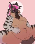  ambiguous_gender belly big_belly big_chest black_claws brown_body brown_fur brown_markings brown_nose brown_stripes claws fingers fur grey_body grey_fur hair hyaenid jewelry mammal markings overweight paws pink_body pink_eyes pink_fur pink_hair ring simple_background slightly_chubby solo spread_legs spreading striped_hyena stripes tailtufts teeth thick_thighs white_body white_fur white_hair 