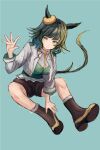  1girl animal_ears boots breasts brown_boots brown_shorts commentary_request ears_through_headwear full_body gloves green_eyes green_hair green_vest hat horse_ears horse_girl horse_tail jacket kiseki_(miracle_author)_(umamusume) kiseki_(umamusume) large_breasts long_sleeves looking_at_viewer multicolored_hair shirt short_hair shorts simple_background solo streaked_hair tail umamusume vest white_jacket white_shirt white_streaks yanagi_wakana yellow_hat 