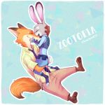  abstract_background ambiguous_gender anthro blue_background bottomwear brown_body brown_fur buckteeth canid canine claws clothed clothing dipstick_tail disney duo english_text eyes_closed fluffy fluffy_tail fox fully_clothed fur grey_body grey_fur happy judy_hopps kinowank59 lagomorph leporid mammal multicolored_tail neck_tuft necktie nick_wilde open_mouth open_smile orange_body orange_fur pants pawpads police_uniform rabbit red_fox scut_tail shirt signature simple_background sitting smile teeth text toe_claws toeless_legwear topwear tuft uniform zootopia 