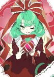  1girl absurdres bow box box_of_chocolates chocolate commentary_request dress frilled_bow frilled_dress frilled_ribbon frills green_eyes green_hair hair_bow hair_ribbon highres kagiyama_hina kuromaru_ira looking_at_viewer one_eye_closed red_bow red_dress red_ribbon ribbon solo tongue tongue_out touhou valentine wrist_ribbon 