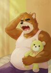  1boy animal_ears bara bear_boy bear_ears biceps blue_pants brown_fur closed_eyes commentary_request d6imf fangs fat furry furry_male hand_on_own_head highres holding holding_stuffed_toy juuichi_mikazuki male_focus morenatsu open_mouth pants plump squeans stuffed_animal stuffed_toy tank_top teddy_bear track_pants white_tank_top yawning 