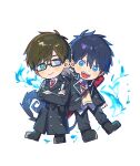  2boys ao_no_exorcist black-framed_eyewear black_coat black_hair black_jacket black_pants black_shoes blue_eyes blue_fire blush brothers brown_hair closed_mouth coat collared_shirt crossed_arms diagonal-striped_clothes diagonal-striped_necktie fire full_body glasses highres jacket lapels looking_to_the_side male_focus multiple_boys necktie nishiki_niji notched_lapels okumura_rin okumura_yukio open_clothes open_jacket open_mouth pants parted_bangs rectangular_eyewear shirt shoes short_hair siblings sideways_glance smile striped_clothes tail twins white_background white_shirt wing_collar 