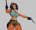 absurd_res activision bandicoot black_hair bottomwear breasts cleavage clothed clothing cosplay crash_bandicoot_(series) dual_wielding eyeshadow female gun hair hi_res holding_object holding_weapon lara_croft liz_bandicoot makeup mammal marsupial purple_eyes ranged_weapon shorts solo source_request tomb_raider unknown_artist video_games weapon 