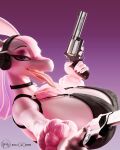 3d_(artwork) absurd_res anthro arm_tuft big_breasts breasts chest_tuft digital_media_(artwork) doblezetaeleri_(artist) electronics female gun handgun headgear headphones headset hi_res holding_gun holding_handgun holding_object holding_ranged_weapon holding_revolver holding_weapon huge_breasts lovander open_mouth pal_(species) palworld pink_body pink_eyes pocketpair ranged_weapon revolver solo tongue tongue_out trigger_discipline tuft weapon wrist_tuft