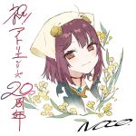  1girl anniversary artist_name atelier_(series) atelier_sophie brown_eyes brown_hair chinese_text choker chrysanthemum collar cube flower from_side hair_ornament jewelry leaf looking_at_viewer necklace noco_(adamas) profile short_hair signature smile solo sophie_neuenmuller veil 