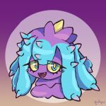  artist_name blue_eyes brown_background colored_sclera fangs gradient_background highres looking_at_viewer mareanie no_humans open_mouth pokemon pokemon_(creature) purple_background quikyu solo spikes two-tone_background yellow_sclera 