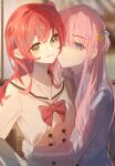  2girls absurdres blue_eyes bocchi_the_rock! bow bowtie brown_sailor_collar brown_shirt cheng_songsongsong chinese_commentary choppy_bangs closed_mouth commentary_request couple crossed_bangs cube_hair_ornament expressionless gotoh_hitori hair_ornament highres hug hug_from_side jacket kita_ikuyo long_hair long_sleeves looking_at_viewer multiple_girls one_side_up pink_hair pink_jacket red_bow red_bowtie red_hair sailor_collar school_uniform shirt short_sleeves shuka_high_school_uniform smile track_jacket yellow_eyes yuri 