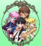  1girl 3boys alternate_costume antenna_hair aubrey_(faraway)_(omori) aubrey_(omori) basil_(faraway)_(omori) basil_(omori) black_eyes black_hair blonde_hair blue_eyes blush bracelet bright_pupils brown_hair collared_shirt commentary_request crop_top dark-skinned_male dark_skin double-parted_bangs flower food germany_omori gradient_background green_background green_sweater_vest hair_between_eyes hair_flower hair_ornament heart heart_necklace jewelry kel_(faraway)_(omori) kel_(omori) long_hair long_sleeves lower_teeth_only multiple_boys navel necklace omori one_eye_closed open_mouth pink_hair shirt short_hair short_sleeves sunny_(omori) sweater_vest t-shirt taiyaki teeth upper_teeth_only v wagashi white_pupils white_shirt 