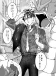  1boy arm_up belt belt_buckle buckle character_request clenched_teeth collared_shirt commentary_request corbeau_(pokemon) fangs greyscale gyarados hand_in_own_hair highres holding holding_removed_eyewear monochrome necktie open_collar outdoors parted_lips pokemon pokemon_(creature) pokemon_legends:_z-a round_eyewear shirt short_hair speech_bubble tears teeth three-quarter_sleeves translation_request twitter_username unworn_eyewear wet wet_clothes wet_hair wing_collar yukiusa 
