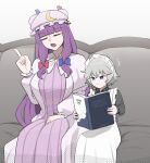  2girls aged_down alternate_costume apron black_shirt blue_bow book bow child closed_eyes closed_mouth collared_shirt commentary couch crescent crescent_hat_ornament dress english_commentary flying_sweatdrops grey_hair hair_bow hat hat_ornament highres holding holding_book izayoi_sakuya long_hair long_sleeves maid maid_headdress mata_(matasoup) mob_cap multiple_girls on_couch open_mouth patchouli_knowledge pink_dress pink_hat purple_hair reading red_bow shirt sitting striped_clothes striped_dress sweatdrop touhou vertical-striped_clothes vertical-striped_dress very_long_hair white_apron 