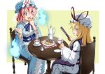 2girls blonde_hair blue_hat blue_kimono blue_necktie blue_sash checkerboard_cookie commentary_request cookie cup dress eating folding_fan food hand_fan hat hat_ribbon hitodama holding holding_cup holding_fan inuno_rakugaki japanese_clothes kimono long_hair long_sleeves mob_cap multiple_girls necktie obi open_mouth pink_eyes pink_hair purple_eyes purple_tabard red_nails red_ribbon ribbon saigyouji_yuyuko sash saucer short_hair sitting tabard table tea teacup touhou triangular_headpiece wafer_stick white_dress wide_sleeves yakumo_yukari 