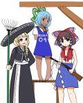  3girls alternate_skin_color angry arms_behind_back artist_request blue_eyes blue_hair bow braid brown_eyes cirno confederate_flag cowboy crying crying_with_eyes_open dark-skinned_female dark_skin flag_print gallows green_bow gun hair_bow hakurei_reimu highres imminent_death kill_kizu kirisame_marisa looking_at_viewer multiple_girls noose open_mouth peasant rake rifle short_hair tanned_cirno tears touhou weapon yellow_eyes 