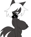 2025 anthro areola big_areola big_breasts bodily_fluids breasts canid canine canis collar digital_drawing_(artwork) digital_media_(artwork) female female_anthro fur grey_areola grey_body grey_ears grey_fur grey_nipples grey_tail hair hair_over_eye half-length_portrait hi_res huge_breasts mammal nipples nude nude_anthro nude_female portrait sharp_teeth sheep_(xarop77) side_view simple_background smile solo spiked_collar spikes sweat tail teeth white_background white_hair wolf xarop77