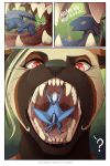  ! 2017 ? ambiguous_gender animal_genitalia anthro ava_(shorty-antics-27) biped black_nose blue_body blue_scales bodily_fluids brown_body brown_fur claws comic dialogue digital_drawing_(artwork) digital_media_(artwork) dragon drooling duo english_text eyes_closed fangs feral forced front_view fur hair hi_res hida high-angle_view horn macro male male/ambiguous male_prey mammal membrane_(anatomy) membranous_wings micro mouth_shot mouthplay multiple_scenes mustelid musteline open_mouth oral oral_vore outside quadruped red_eyes saliva saliva_string scales scalie scared shaking shorty-antics-27 side_view size_difference size_play smaller_male soft_vore tan_body tan_fur teeth text tongue vore western_dragon whiskers wings wolverine 