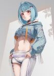  1girl absurdres asymmetrical_clothes black_choker blue_hair blue_jacket choker commentary_request hair_ornament heart heart_hair_ornament highres jacket long_sleeves looking_at_viewer midriff multicolored_hair navel red_eyes sakahana shiranami_ramune short_hair single_pantsleg solo standing thighs two-tone_hair virtual_youtuber vspo! white_hair 