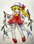  1girl ascot blonde_hair closed_mouth collared_shirt commentary flandre_scarlet frilled_shirt_collar frills full_body hat highres key747h long_hair looking_at_viewer mob_cap puffy_short_sleeves puffy_sleeves red_eyes red_shoes red_skirt red_vest shirt shoes short_sleeves simple_background skirt smile solo standing thighhighs touhou traditional_media vest white_background white_hat white_shirt white_thighhighs wings wrist_cuffs yellow_ascot 