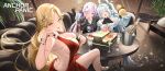  3girls anchor_panic bare_shoulders black_serafuku blonde_hair breasts champagne_bottle cleavage closed_eyes clothes_pull couch crossed_legs cup dress dress_pull drinking_glass drunk evening_gown flicker_(anchor_panic) gourd grey_hair hair_ornament hairclip hairpin halterneck haruri highres jewelry large_breasts long_hair looking_at_viewer multiple_girls nail_polish official_art on_couch one_eye_closed open_mouth parted_lips party_dress pointing pointing_up purple_eyes purple_hair purple_ribbon raven_(anchor_panic) red_dress red_nails ribbon school_uniform serafuku sideboob sitting smile twintails very_long_hair white_dress wine_glass yan_(anchor_panic) yellow_eyes 
