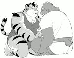  2019 anthro belly clothing cute_fangs duo felid humanoid_hands male male/male mammal overweight overweight_male pantherine shirt simple_background sitting tiger tiger_cub topwear underwear white_background 
