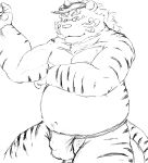  2019 anthro asian_clothing belly bulge clothing east_asian_clothing eyewear felid fundoshi glasses hi_res humanoid_hands japanese_clothing laohu licho_(tas) male mammal navel overweight overweight_male pantherine simple_background solo tiger tokyo_afterschool_summoners underwear video_games 
