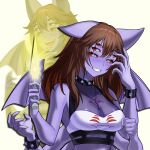  1girl animal_ears arkanis arthropod_girl bat_ears bracelet breasts brown_hair colored_sclera colored_skin commentary_request dante_will dante_will_(spider) extra_arms extra_eyes fingernails highres holding indie_virtual_youtuber jewelry key key_necklace knife long_hair minecraft_youtube monster_girl necklace portuguese_commentary purple_skin red_sclera second-party_source sharp_fingernails shirt smile spider_girl spiked_bracelet spikes sue_chwan virtual_youtuber wings 