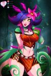  2018 amphibian animal_humanoid blue_hair breasts chameleon_humanoid clothed clothing digital_media_(artwork) duo fangs female feral flower frog hair humanoid humanoid_focus jungle lawzilla league_of_legends lizard_humanoid lizard_tail looking_at_viewer mammal navel neeko_(lol) open_mouth plant purple_eyes reptile reptile_humanoid riot_games scalie scalie_humanoid solo_focus teeth video_games yellow_eyes 