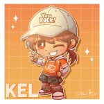  1boy baseball_cap black_eyes blush bright_pupils brown_hair camouflage camouflage_shorts character_name chibi chibi_only commentary_request dark-skinned_male dark_skin full_body green_shoes grey_hat grin hand_on_own_hip hat highres hood hood_down hoodie kel_(birthday)_(omori) kel_(faraway)_(omori) kel_(omori) long_sleeves looking_at_viewer male_focus neko_a_0628 official_alternate_costume omori one_eye_closed open_mouth orange_hoodie shoes shorts smile sneakers solo teeth white_pupils 