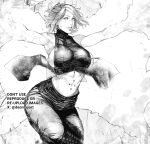  1girl arms_up breasts bright_pupils commentary cowboy_shot deontayart floating_clothes floating_hair flower greyscale hair_flower hair_ornament highres konan_(naruto) midriff monochrome naruto_(series) short_hair sideboob solo stomach_piercing white_pupils 
