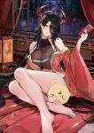  1girl absurdres azur_lane bare_shoulders barefoot black_hair breasts cleavage collarbone commentary dress falling_petals feet friedrich_der_grosse_(azur_lane) friedrich_der_grosse_(boudoir's_lingering_flame)_(azur_lane) gold_trim hair_between_eyes hair_ornament hair_over_one_eye hair_spread_out hand_up head_tilt highres holding horns indoors lantern large_breasts laurels legs light_particles long_hair long_hair_between_eyes long_sleeves looking_at_viewer mechanical_horns night off_shoulder official_alternate_costume open_window parted_lips petals print_sleeves railing red_dress red_horns red_petals see-through_cleavage see-through_clothes see-through_sleeves sijinni sitting smile solo sweat thighs toes tree underboob very_long_hair wide_sleeves window wooden_railing yellow_eyes 