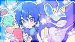  1boy arms_up black_shirt blue_eyes blue_hair blue_scarf blue_trim blush_stickers chewing coat commentary_request diamond-shaped_pupils diamond_(shape) double-parted_bangs food food_on_face hair_between_eyes headset highres holding holding_food holding_ice_cream holding_ice_cream_cone ice_cream ice_cream_cone kaito_(vocaloid) maico_(manya0321) male_focus scarf shirt shooting_star solo star_(symbol) symbol-shaped_pupils vocaloid watermark white_coat 