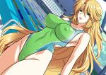  1girl barbariccia blonde_hair breasts commentary_request competition_swimsuit covered_nipples dutch_angle final_fantasy final_fantasy_iv glass_ceiling green_eyes green_one-piece_swimsuit highleg highleg_one-piece_swimsuit highres lane_line large_breasts lips long_hair one-piece_swimsuit pool solo swimsuit two-tone_swimsuit very_long_hair yuuyuu_(3jjbn) 