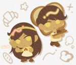  1boy 1girl apron biscuit_(omori) black_hair brother_and_sister chibi chibi_only closed_mouth commentary dark-skinned_female dark-skinned_male dark_skin doughie_(omori) english_commentary highres holding_rolling_pin long_hair looking_at_viewer neckerchief neko_a_0628 omori red_neckerchief rolling_pin short_hair siblings sidelocks white_apron white_background yellow_eyes 