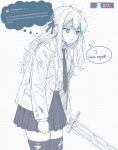  1girl arknights ave_mujica_(bang_dream!) bang_dream! bang_dream!_it's_mygo!!!!! black_necktie black_ribbon black_skirt black_thighhighs brown_eyes caffichai closed_mouth commentary english_commentary english_text hair_ribbon highres long_hair long_sleeves necktie pleated_skirt ribbon skirt smile solo speech_bubble thighhighs thought_bubble tie_clip togawa_sakiko torn_clothes torn_thighhighs 