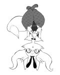  anthro bow_tie box_(hajimeyou654) braixen bunny_costume chest_tuft clothing costume dipstick_tail fangs fishnet fluffy fluffy_tail hi_res inner_ear_fluff looking_at_viewer monochrome multicolored_tail nintendo pok&eacute;mon pok&eacute;mon_(species) tuft upside_down video_games 