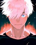  1boy aegyo_sal black_shirt blue_eyes collarbone crew_neck embers facing_viewer gojou_satoru highres jujutsu_kaisen looking_at_viewer one_eye_covered shirt short_hair smirk solo straight-on t-shirt tikklil white_hair wide-eyed 