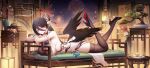  1girl absurdres aerial_fireworks architecture arm_rest bare_shoulders black_hair black_thighhighs black_wings blue_archive bodystocking bonsai breasts china_dress chinese_clothes chinese_commentary chinese_new_year cleavage closed_mouth coin commentary_request couch crossed_arms dress earrings east_asian_architecture feathered_wings feet_up fireworks flower food full_body gold_trim hair_between_eyes hair_bun hair_ornament hair_stick halo halter_dress halterneck hand_on_own_arm hasumi_(blue_archive) head_tilt high_heels highres incense incense_burner jade_bracelet jewelry jianshu lantern large_breasts legs light_smile long_hair long_hair_between_eyes looking_at_viewer low_wings lying mole mole_under_eye nail_polish night on_couch on_stomach pelvic_curtain pink_nails plate railing red_eyes red_halo round_table see-through_cleavage see-through_clothes shoe_soles sideboob sky solo table tassel thighhighs thighs vase very_long_hair white_dress wings 