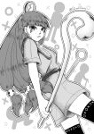  1girl absurdres belt black_belt black_thighhighs blunt_bangs closed_mouth commentary_request cowboy_shot dutch_angle earrings facial_mark from_below greyscale headpiece highres holding holding_scepter holding_staff jewelry key_earrings legs_apart long_hair looking_at_viewer michigami_nareko monochrome outline qcezssxx123 quad_tails scepter shirt short_sleeves shorts solo staff standing thighhighs touhou triangle triangle_facial_mark usekh_collar white_outline 
